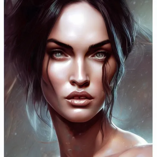 Image similar to portrait of megan fox, muscular upper body, fantasy, intricate, elegant, highly detailed, digital painting, artstation, concept art, matte, sharp focus, illustration, art by aenaluck and roberto ferri and greg rutkowski, epic fantasy, digital painting