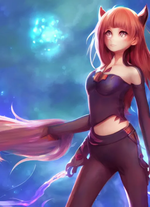 Image similar to holo from spice and wolf, league of legends character select art, digital art, octane render