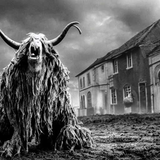 Image similar to horror, moody, still from film, daytime, muddy village square, wide shot, roaring mutant goat monster, powerful and huge, creeping on legs with hands instead of feet, filthy jagged teeth in gaping mouth, matted brown fur, in muddy medieval village square