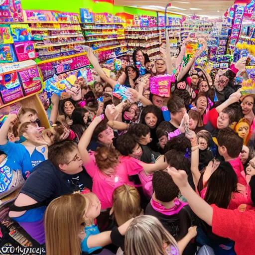 Image similar to a moshpit inside toys r us, wide lens shot, 3 0 mm, f 2. 8, photo realistic high quality hd 8 k flash photography