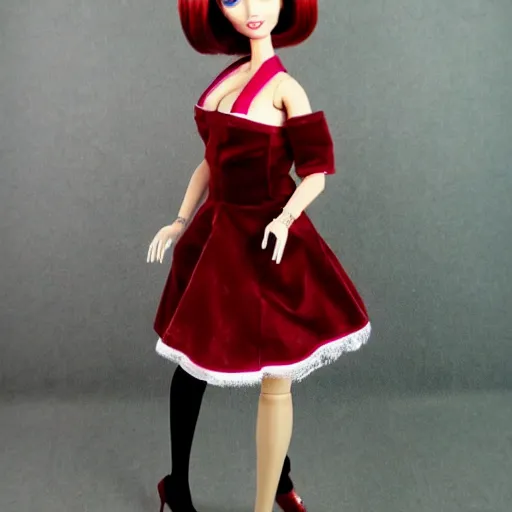 Image similar to anime barbie doll, in red velvet stockings, a nurse's dress, full length, heels on her feet