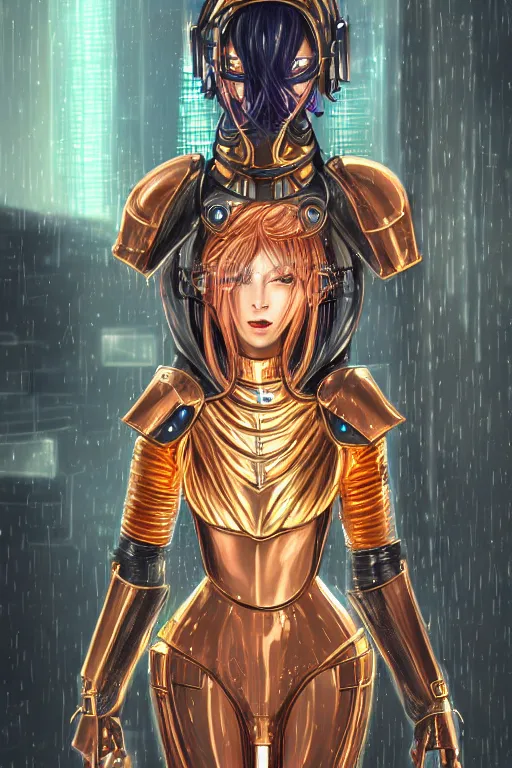Image similar to portrait holy and mythical futuristic knights of Zodiac girl, golden and copper armor, in futuristic heavily raindrop ruin tokyo rooftop cyberpunk night, ssci-fi, fantasy, intricate, very very beautiful, elegant, neon light, highly detailed, digital painting, artstation, concept art, human anatomy, soft light, hdri, smooth, sharp focus, illustration, art by tian zi and craig mullins and WLOP and alphonse mucha
