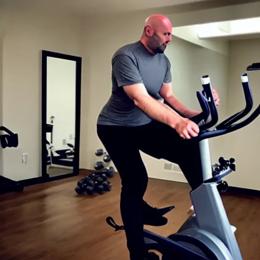 Image similar to chonky bald head with a grey closely shaven beard ethan van sciver working out vigorously on his peloton exercise bike