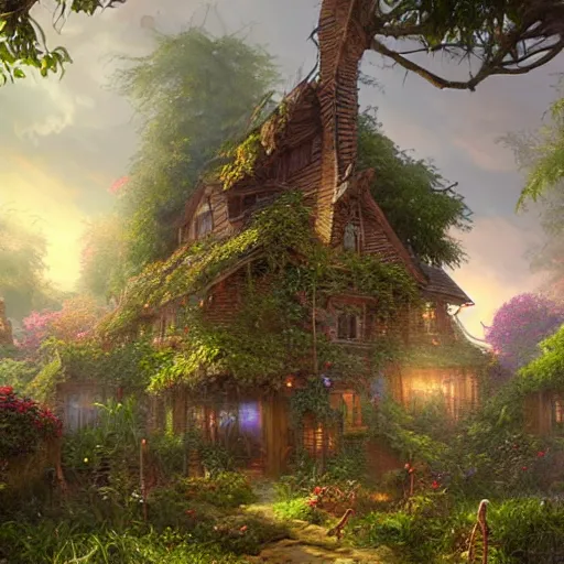 Prompt: overgrown village cryengine render by arthur adams, benoit mandelbrot, artgerm, thomas kinkade