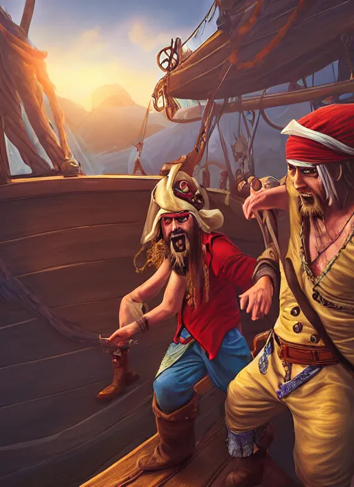 Image similar to an epic fantasy comic book style portrait painting of two bumbling idiot one - piece pirates on the deck of a skyship looking at a chest, unreal 5, daz, hyperrealistic, octane render, cosplay, rpg portrait, dynamic lighting, very detailed faces