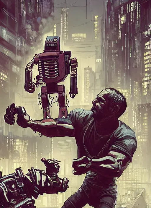 Image similar to Tough Gregory. Buff cyberpunk meathead wrestling a small robot. Realistic Proportions. Epic painting by James Gurney and Laurie Greasley. Moody Industrial setting. ArtstationHQ. Creative character design for cyberpunk 2077.