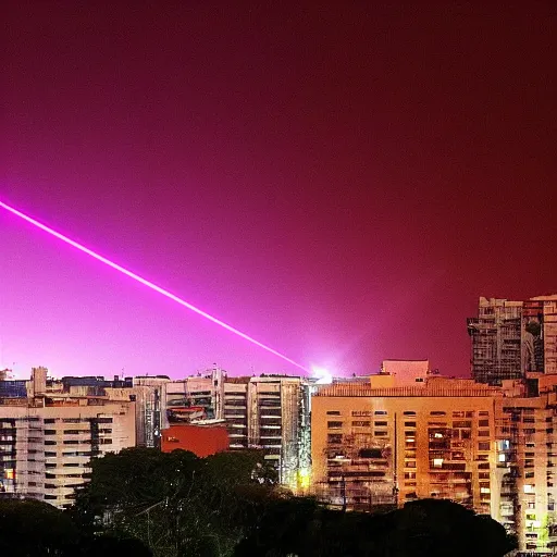 Prompt: ufo throwing laser beams over buenos aires, destroying buildings, people scared and escaping, the sky is red