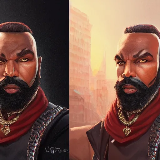 Image similar to a portrait of mr. t as a wizard, upper half portrait, urban motifs, intricate, elegant, highly detailed, digital painting, trending on artstation, concept art, smooth sharp focus, illustration, art by artgerm and greg rutkowski