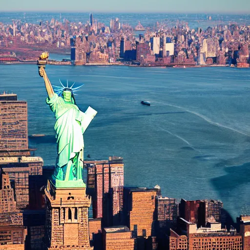 Prompt: The Statue of Liberty holding the BJP flag with the New York skyline in the background, aerial photo, HDR