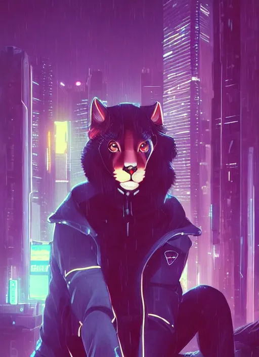 Image similar to beautiful portrait commission of a female furry anthro mountain lion fursona wearing a police uniform. Cyberpunk city at night in the rain. Neon light. Atmospheric. Character design by charlie bowater, ross tran, artgerm, and makoto shinkai, detailed, inked, western comic book art