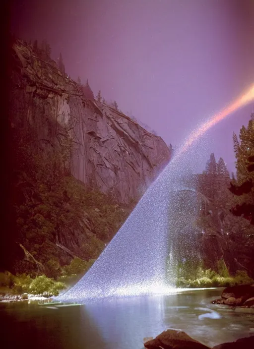 Image similar to a 2 8 mm macro kodachrome photo of a waterfall made of glowing glitter stardust and sparks, flowing into the river in the valley in yosemite national park in the 1 9 5 0's, seen from a distance, bokeh, canon 5 0 mm, cinematic lighting, film, photography, moonlight, long exposure, depth of field, award - winning