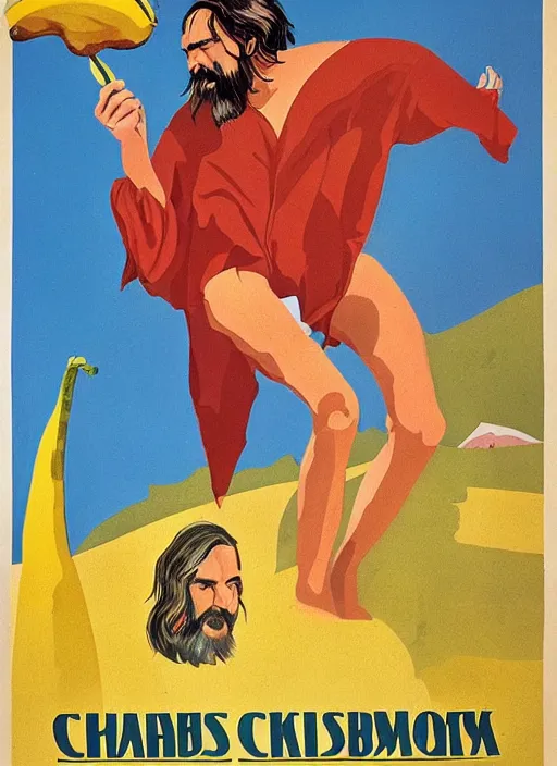 Prompt: soviet tourism poster for a beach resort depicting charles manson slipping on a banana peel