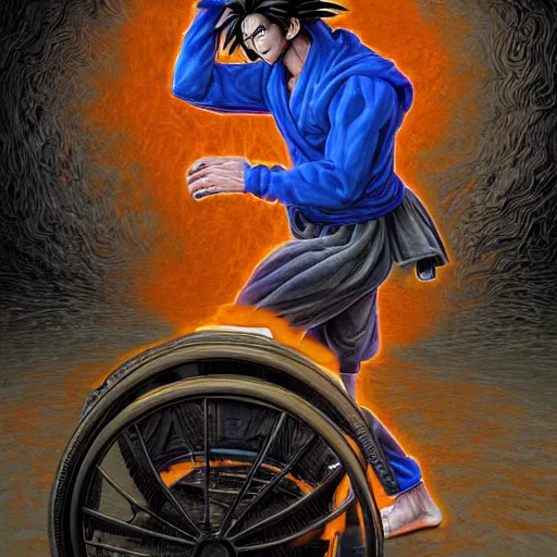 Image similar to Photorealistic goku sitting in a wheelchair in the style of Michael Whelan and Gustave Dore. Hyperdetailed photorealism, 108 megapixels, amazing depth, glowing rich colors, powerful imagery, psychedelic Overtones, 3D finalrender, 3d shading, cinematic lighting, artstation concept art