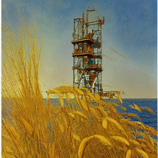 Image similar to A beautiful painting of an offshore oil rig, standing in a golden wheat field, fine art, painted by carl larsson and alphonse mucha, art deco