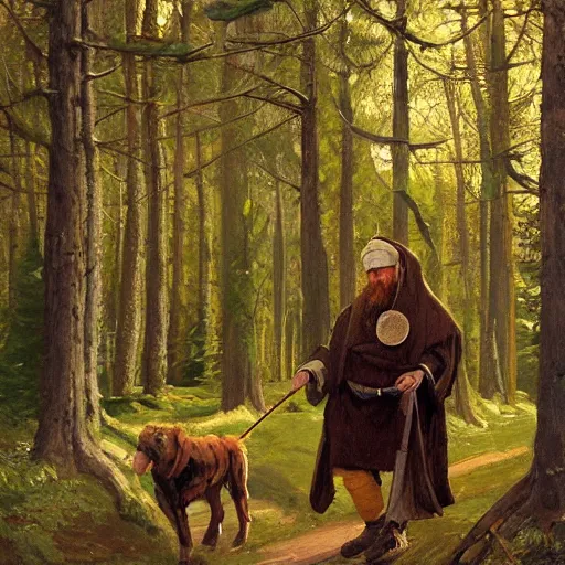 Prompt: Slavic dog head man, woolen torso in medieval clothes, walking in the forest, Orthodox Saint Christopher, oil painting, magic lights, painting by Viktor Vasnetsov, concept art, painting by Valentin Serov, hyperborea, beautiful, high resolution, trending on artstation,