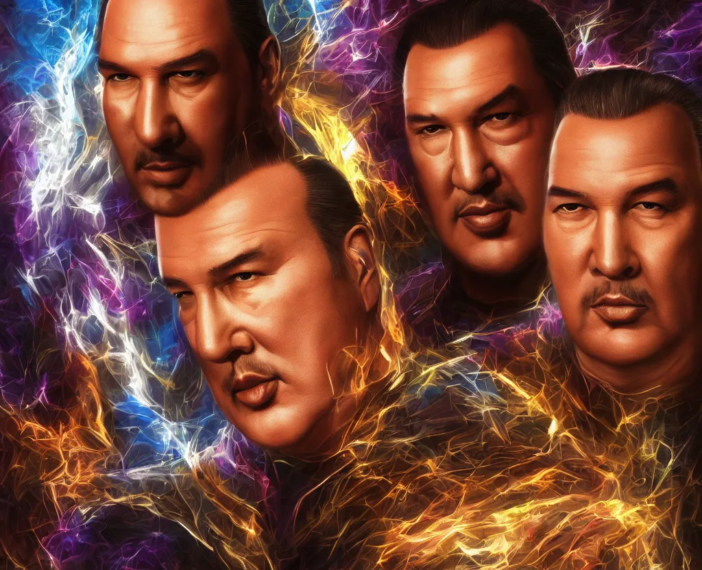 Image similar to epic portrait of Steven Seagal, bloomed lighting, angelic, futuristic, beautiful colors, slightly golden, very detailed, detailed mechanical hands, electrical details, cinematic lighting high details, 4k, 8k, trending on artstation, ultra-realism