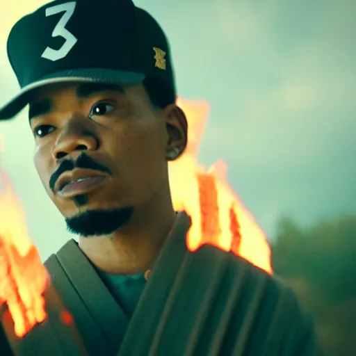 Image similar to cinematic film still of Chance The Rapper starring as a Samurai holding fire, Japanese CGI, VFX, 2022, 40mm lens, shallow depth of field, film photography