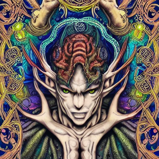 Image similar to 4 k colored headshot of godlike cthulhu with defined arms and open hands and bloody clothes with giant mandala wings, intricate face, flawless anime cel animation by kentaro miura, psychedelic, highly detailed upper body, professionally post - processed, beautiful, scary, symmetry accurate features, epic, octane rendered, anime masterpiece, accurate