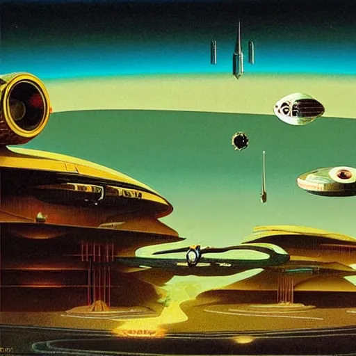 Prompt: flying highways and cars, personalized robots, journeys between planets. retro futurism, artwork by roger dean, by dean ellis,