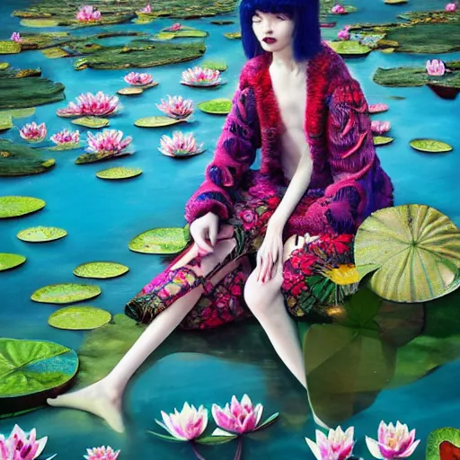 Image similar to pretty model with water lilies : : by martine johanna and simon stalenhag and chie yoshii and casey weldon and wlop : : ornate, dynamic, particulate, rich colors, intricate, elegant, highly detailed, vogue, harper's bazaar art, fashion magazine, smooth, sharp focus, 8 k, octane render