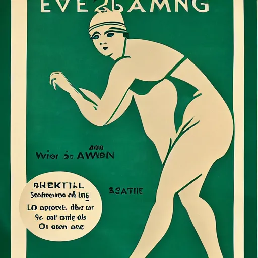 Prompt: year 1 9 2 8 health advice poster for swimming. mint green and gold