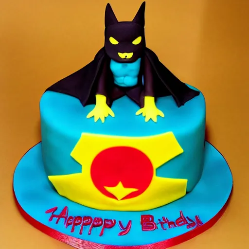 Image similar to chinese bat superhero birthday cake, kodak film,