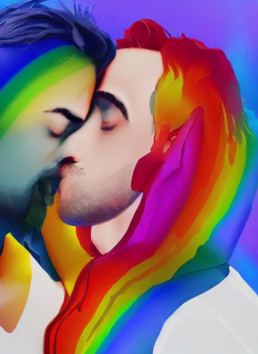 Image similar to two gay men kissing as rainbows explode their heads, oil painting !dream Madison Beer as a video game character, digital art, unreal engine, unreal engine render, blender render, render, 4k, coherent