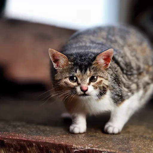 Image similar to a small domestic housecat with a spotted mushroom growing atop its head