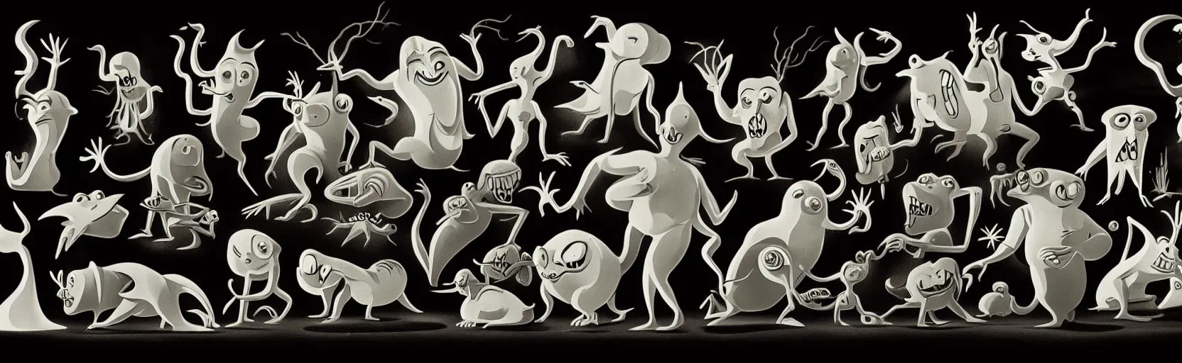 Image similar to whimsical creatures from the depths of the collective unconscious, dramatic lighting, surreal dark 1 9 3 0 s fleischer cartoon characters