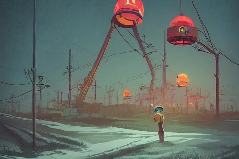 Image similar to drawings in the style of Simon Stalenhag , photographed by Canon EOS, cinematic lighting, natural complexion, extremely high definition shot, aesthetic canon of proportions