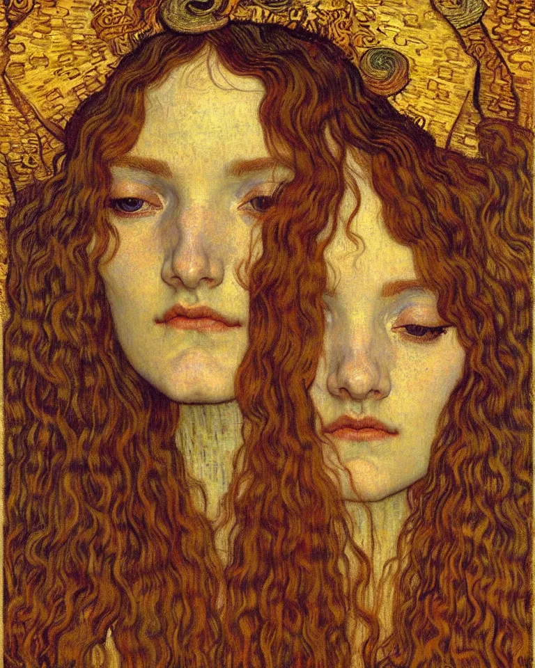 Image similar to detailed realistic beautiful young medieval queen face portrait by jean delville, gustav klimt and vincent van gogh, art nouveau, symbolist, visionary, gothic, pre - raphaelite, muted earthy colors, desaturated