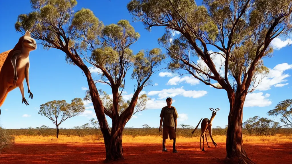 Image similar to australia, outback, uluru, kangaroos, anime style