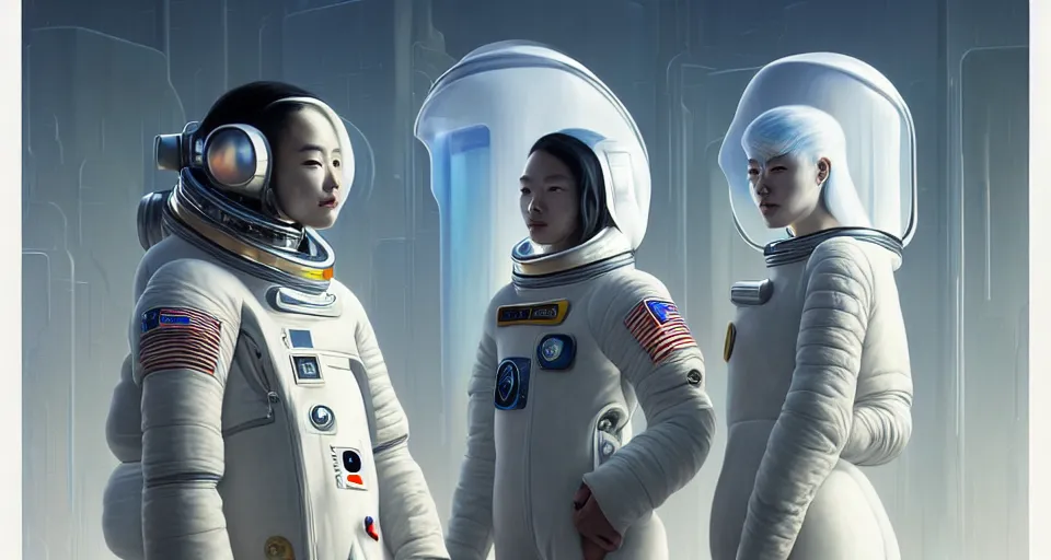 Prompt: portrait of yael shelbia and kang seul - gi, astronaut, symetrical facial, white hair, intricate design details. cyberpunk touareg, by ruan jia, weldon casey, ralph mcquarrie. smooth gradients, transparent inflatable structures.