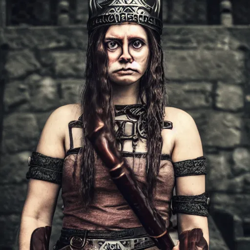 Prompt: slightly provocative photo of the viking female warrior sitting on the stairs leading to the wooden palace, femine attractive symmetrical face, big eyes and lips, beautiful clean face and body skin, brutal joyful face expression, wears ornamental jewelry and partially ripped clothes, torches alit in the background, depth of field, lens flare, moody lighting, moody photography, old photo, black and white, sepia, cinematic lighting, cinematic angle, editorial photography,award-winning