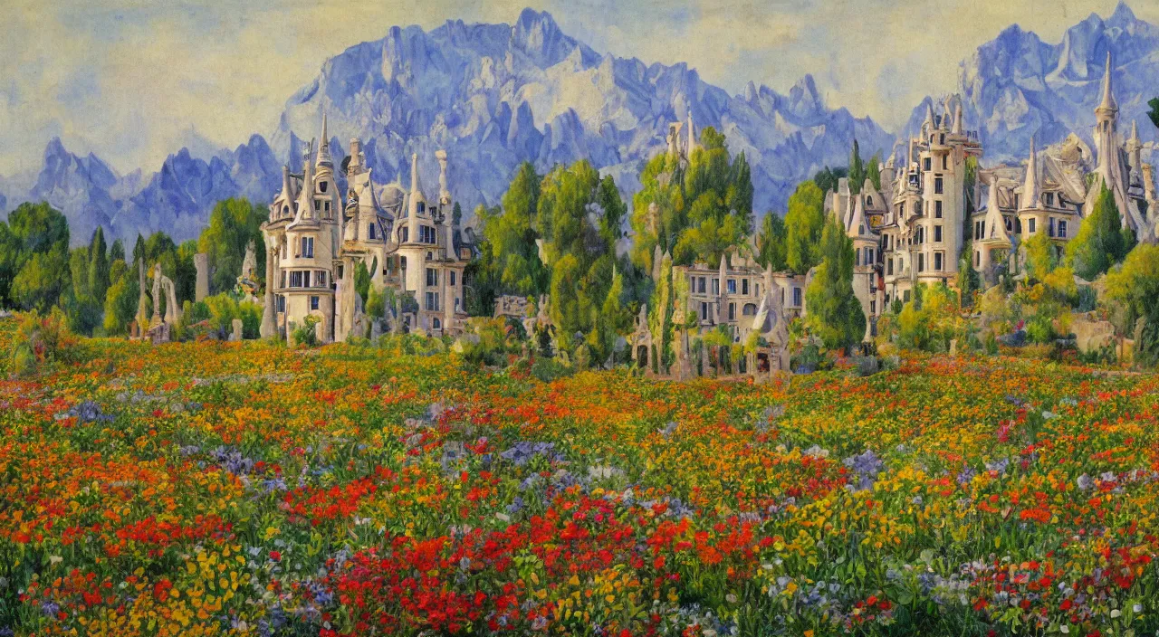 Image similar to a landscape painting of a manor designed by Antoni Gaudí, with flower fields as foreground, with mountains as background