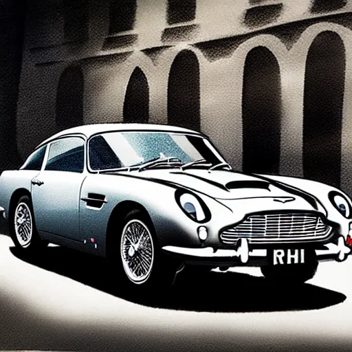 Image similar to a marker pen sketch of an aston martin db 5, in a rich london business district street, medium range, studio ghibli, ( pixar ) and disney animation, sharp, very detailed, bloom, high resolution, anime key art by greg rutkowski