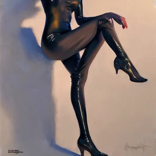 Image similar to greg manchess portrait painting of female wearing a latex suit as addison rae, medium shot, organic painting, sunny day, matte painting, bold shapes, hard edges, street art, trending on artstation, by huang guangjian and gil elvgren and sachin teng