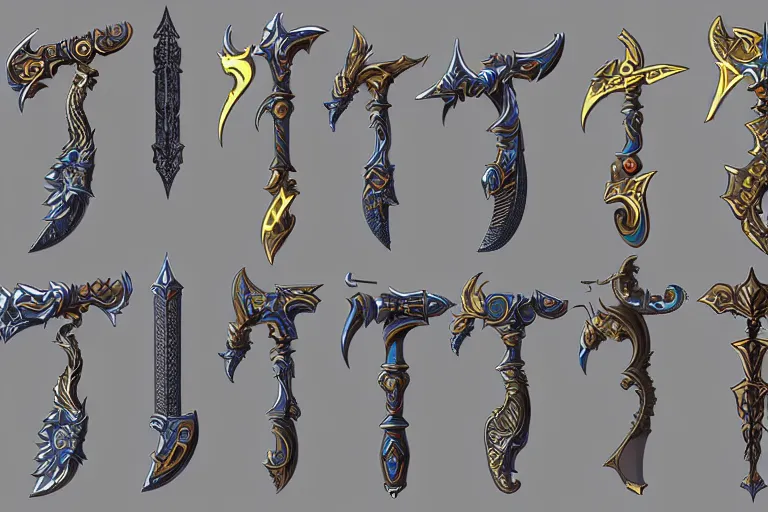 Image similar to design sheet of various ornate fantasy weapons, varied colors