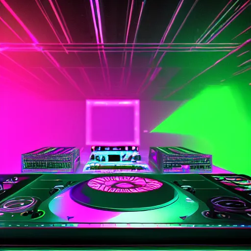 Image similar to hologram dj club stage from the future. alien dj turntables. gigantic speakers with lasers and lights. octane render 4k