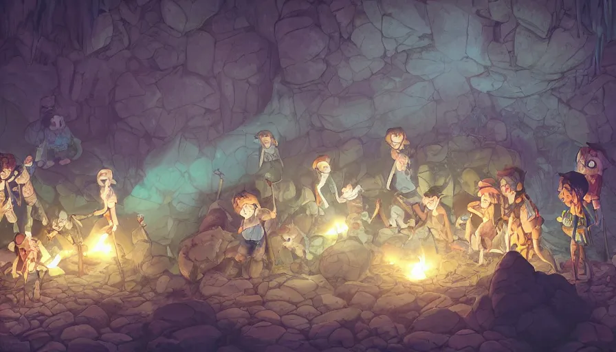 Image similar to stone age rave in a cave, torchlight, serene evening atmosphere, soft lens, soft light, cel - shading, animation, in the style of cgsociety, deviantart, artstation, zbrush, cinema 4 d, studio ghibli, akihiko yoshida, atelier lulua, masamune shirow