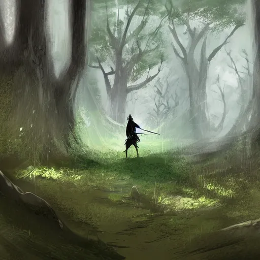 Prompt: a digital concept art of a knight wandering in a forest