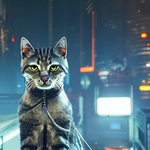 Image similar to cat cyberpunk 2 0 7 7 8 k hyperdetailed photorealism hdr unreal engine 5 extremely high level of detail