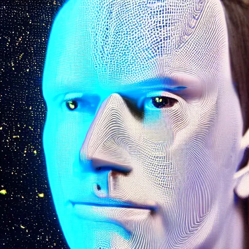 Image similar to a 3d human head made up of shiny holograms