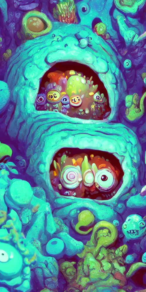 Image similar to of a colorful deep sea cave with strange cute friendly happy creatures with huge eyes, mouth, long tongue and round teeth appearing from sandy coral, in the style of gehry and gaudi, macro lens, shallow depth of field, ultra detailed, digital painting, trending artstation, concept art, illustration, cinematic lighting, photorealism, epic, octane render