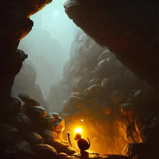 Image similar to happy pepe the miner in the cave, greg rutkowski