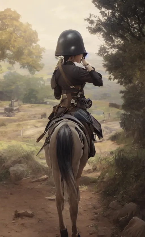 Image similar to panoramic view, a girl riding a horse, soldier clothing, battlefield in background, anime style, hair down, symmetrical facial features, realistic hands, from arknights, hyper realistic, 4 k, extreme detail, cavalry, trending artstation, safebooru, realistic lighting, by alphonse mucha, greg rutkowski, sharp focus