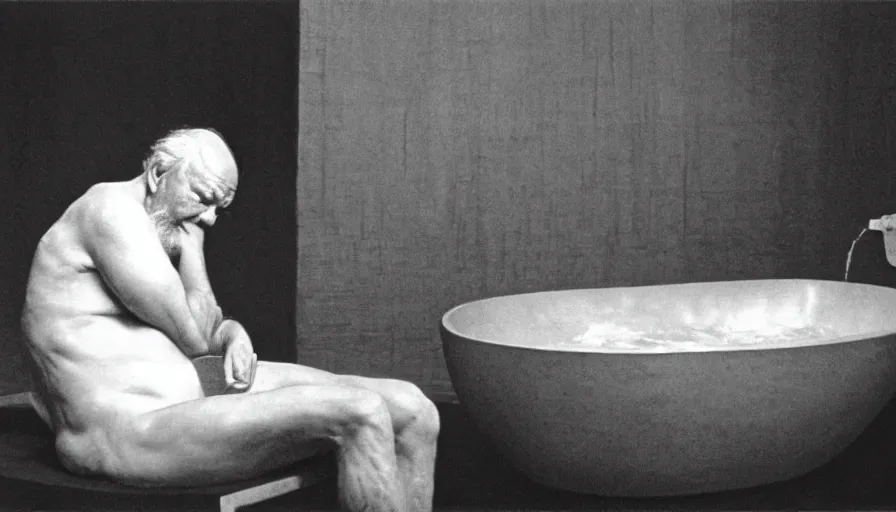 Prompt: 1 9 6 0 s movie still by tarkovsky of an elder socrates drinking hemlock in a bowl in his bath, cinestill 8 0 0 t 3 5 mm b & w, high quality, heavy grain, high detail, panoramic, cinematic composition, dramatic light, anamorphic, jacques louis david style, raphael style, piranesi style