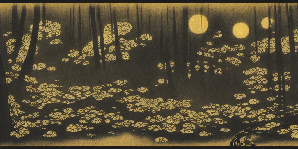 Image similar to rainforest at night by ohara koson, 1 9 1 0