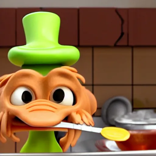 Prompt: pixar style cute platypus on a kitchen wearing a chef hat and holding a lasagna into an over, with three basil leaves over the lasagna, pixar style, 3 d, ratatouille style