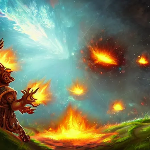 Prompt: rain of burning asteroids magic spell, magic spell in hearthstone art style, epic fantasy style art, fantasy epic digital art, epic fantasy card game art